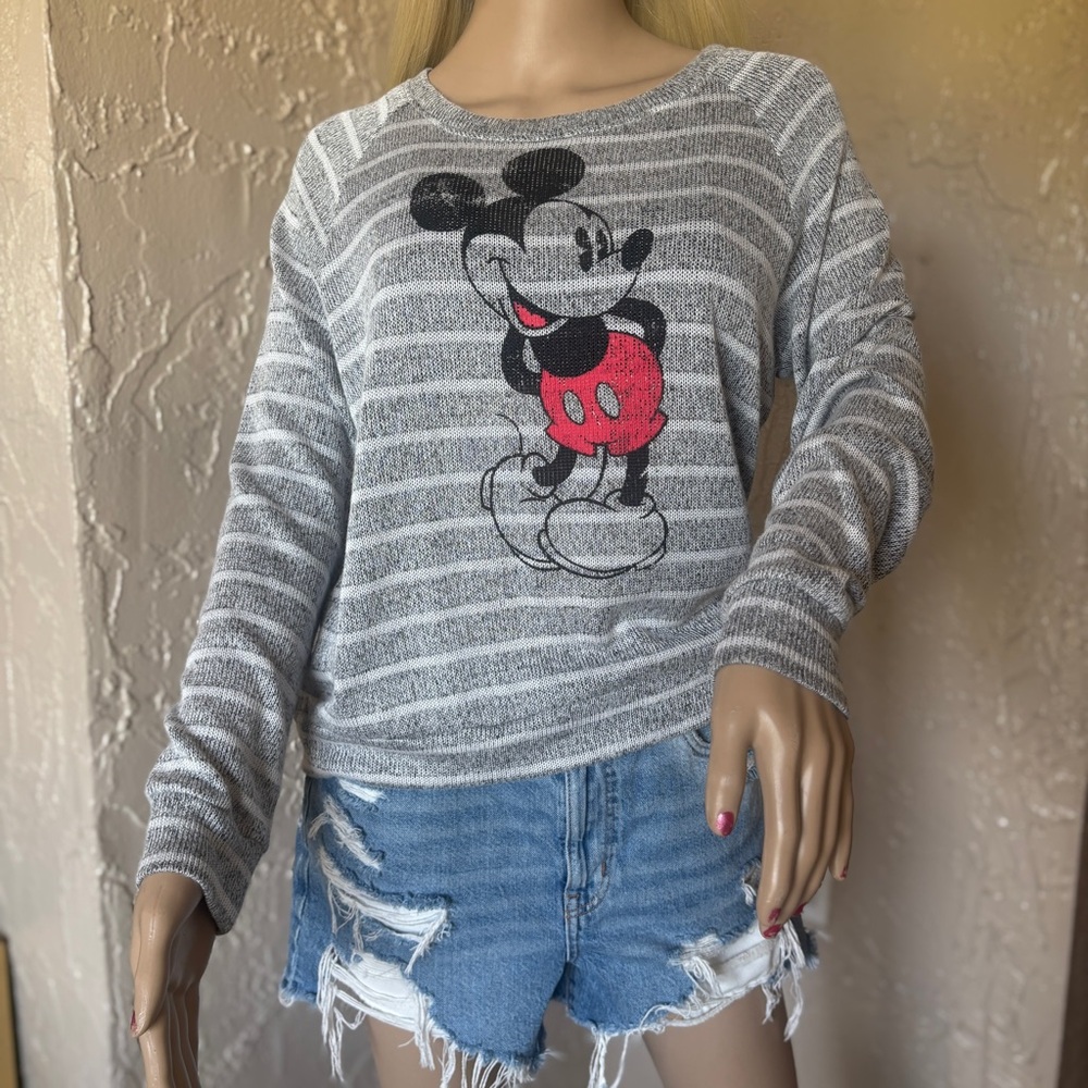 Vintage Style Gray Striped Mickey Mouse Knit Sweater